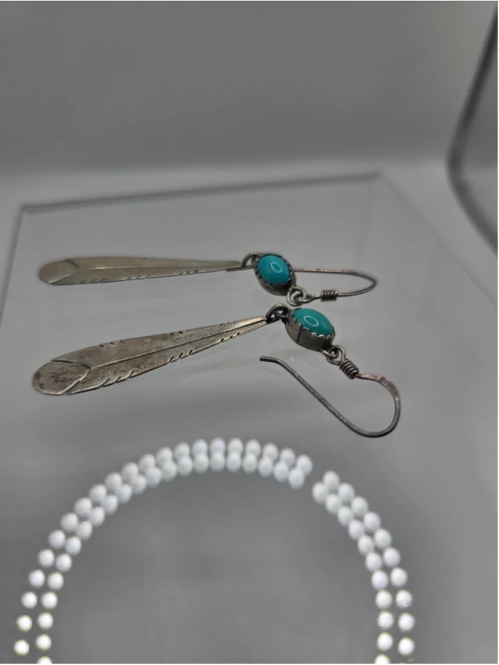 Vintage Sterling Silver Feather Turquoise Dangle Earrings